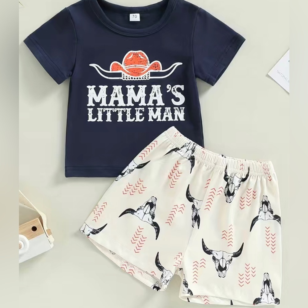 Baby Boys Mama’s Little Man Outfit Set Country Western Shorts & T-shirt